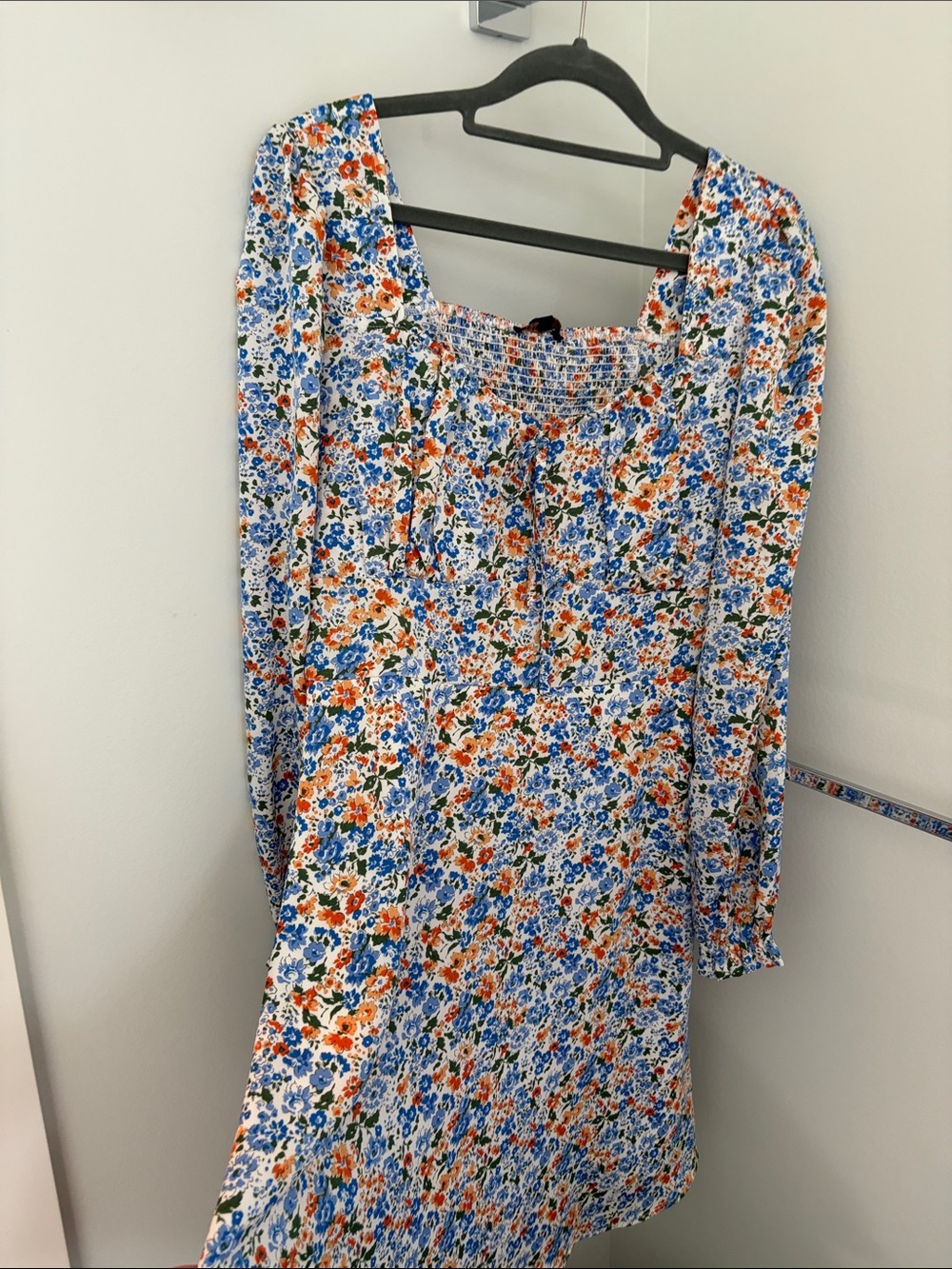 Floral Smocked Square-Neck Long Sleeve Dress in White, Blue & Orange